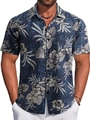 Detail of blue Hawaiian shirt featuring tropical floral patterns and standard collar - S / Tops / Dark Blue Geometric Floral (BDS89)