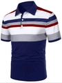 Detail view of men's polo shirt with multicolor horizontal stripes and navy contrast - S / Top - Multicolor Patchwork Striped (DPL17) / White