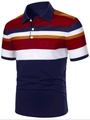 Detail of color-block striped polo shirt with navy collar and buttoned placket - S / Top - Contrast Striped Patchwork (DPL17) / Red