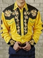 Detail of western cowboy style yellow shirt with floral embroidery on black panels - S / Top (ACS12) / Yellow