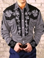 Detail of grey Western shirt with black floral embroidery on shoulders and pearly buttons - S / Top (ACS12) / Gray