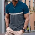 Detail of the blue white and grey patchwork polo shirt with three-button stand collar - S / Tops / Blue White Gray Splicing