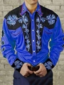 Detail of floral embroidery on navy satin long sleeve shirt with black contrast trim - S / Top (ACS12) / Blue
