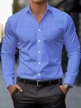 Detail of light blue men's slim fit long sleeve shirt with fine white grid pattern - S / Tops / Blue (ACS30)