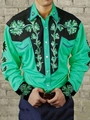 Detail of green western shirt featuring black contrast panels and floral embroidery motifs - S / Top (ACS12) / Green