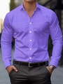Close-up of purple grid patterned shirt with classic collar and white buttons - S / Tops / Purple