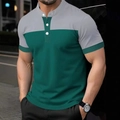 Detailed shot of striped polo shirt showing grey and dark green panels and button collar - S / Tops / Green