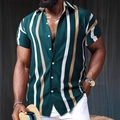 Dettaglio di una camicia da spiaggia a maniche corte a righe verticali da uomo con bottoni - S / Righe verde-bianco-kaki