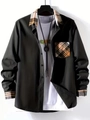 Detail of men's black shirt with yellow checkered collar, cuffs and chest pocket - S / Tops / Yellow