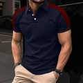 Close-up of contrast color shoulder detail and white buttons on men's striped polo shirt - S / Tops / Navy Blue