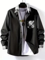 Detail of men's black casual shirt featuring stylish black and white plaid collar accents - S / Tops / Gray
