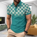 Men's casual polo shirt with teal and cream checkerboard print and modern 3D design - S / Turquoise Green