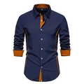 Detail view of navy blue shirt with orange contrast lining on collar and cuffs - S / Top (ACS14) / Navy Blue