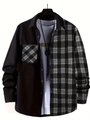 Detail of men's long sleeve shirt with contrast black and white plaid patchwork design - S / Tops / Black Grey Plaid Patchwork