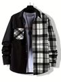 Detail of men's long-sleeve shirt featuring black and white plaid patchwork and chest pocket - S / Tops / Black Large Plaid Patchwork
