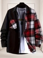Detail view of men's hybrid shirt with black leather texture and red plaid pattern - S / Tops / Red and Black Patchwork Plaid (ACS33)