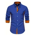 Detail view of the slim-fit royal blue shirt featuring orange contrast collar and button placket - S / Top (ACS14) / Blue