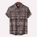 Herenoverhemd met korte mouwen en retro zwart-beige geometrische etnische print - S / Zwart