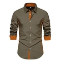 Detail of olive green shirt with orange contrast stitching and size S label - S / Top (ACS14) / Brown