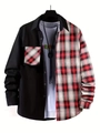 Close-up of men's trendy shirt featuring asymmetric black and plaid spliced fabric - S / Tops / Red Patchwork Plaid (ACS33)
