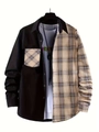 Detail shot of men's long sleeve shirt featuring black and khaki plaid patchwork design - S / Tops / Yellow and Black Patchwork Plaid (ACS33)