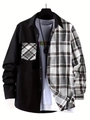 Close-up of men's long sleeve shirt with modern black and grey plaid patchwork design - S / Tops / Grey Patchwork Plaid (ACS33)