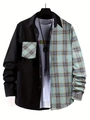 Detail shot of men's casual shirt featuring asymmetric black and teal plaid patchwork - S / Top (Patchwork Plaid-ACS33) / Light Green
