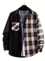 Close-up of a men's long-sleeve shirt with asymmetrical black and grey plaid patchwork - S / Tops / Black and Brown Plaid Splicing (ACS33-Brown)