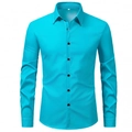 Detail of teal long sleeve business shirt featuring contrasting black buttons and collar - S / Lake Blue