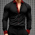 Detail of men's slim fit black satin shirt featuring red paisley pattern on cuffs and collar - S / Tops / Black Red Baroque Print