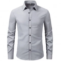 Close-up of light grey business shirt collar with black buttons and size L label - S / Gray