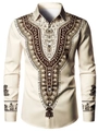 Close-up of ethnic Dashiki print on beige long sleeve shirt with polished fabric texture - S / Tops / Beige Ethnic Style Print (ACS36)