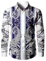 Detailed view of men's white shirt with dark blue paisley print and button cuffs - S / Tops / Blue Paisley Print (ACS37)