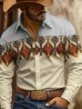 Detailed view of Aztec geometric patterns on men's western style long sleeve shirt - S / Top (ACS39) / Gray