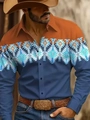 Detailed view of men's western style shirt with geometric ethnic patterns and denim accents - S / Top (ACS39) / Orange