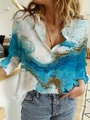 Detailed close-up of a women's long sleeve shirt with blue and gold abstract fluid print - S / Sky Blue Fluid Print(NCS129)