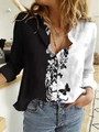 Detail of long sleeve button-down shirt featuring black white contrast floral butterfly print - S / Black and White Floral Butterfly Patchwork(NCS130)