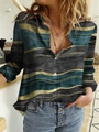 Detail of teal and gold wavy print on long sleeve button-up shirt with V-neckline - S / Cyan Gold Gray Wave Texture(NCS131)