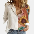 Women's long sleeve button shirt with white fabric and artistic sunflower portrait print - S / Sunflower Art Print Patchwork(NCS132)