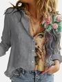 Detail of grey button-up shirt featuring long sleeves and artistic floral face print - S / Gray Art Portrait Print(NCS134)