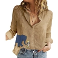 Detail of khaki linen shirt featuring cartoon elephant and girl illustration print - S / Khaki Elephant Cartoon Print(NCS135)