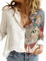 Detail of artistic cat and floral print on white asymmetrical linen-blend long-sleeve shirt - S / Cat Floral Art Illustration Patchwork(NCS136)