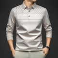 Business-Casual Herren-Langarm-Poloshirt mit geometrischen Mustern in Hellgrau - S / Geometrischer Karo-Stil (CXPL97) / Beige