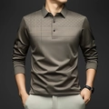 Business-Casual Herren Langarm-Poloshirt mit geometrischem Print in Dunkelolivgrün - S / Geometrischer Karo-Stil (CXPL97) / Braun