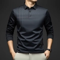 Herren Business-Freizeit Langarm-Poloshirt mit dunklem Farbverlauf und geometrischen Mustern - S / Geometrischer Karo-Stil (CXPL97) / Dunkelgrau