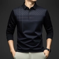 Herren Langarm Polo-Shirt in Navy mit grauem geometrischem Muster und luxuriösem Logo - S / Geometrischer Karo-Stil (CXPL97) / Marineblau