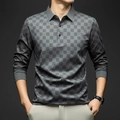 Detail of grey checkered long-sleeve polo shirt with three-button placket and classic collar - S / Checkerboard Style (CXPL98) / Gray