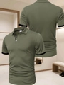 Vue détaillée avant et arrière du polo pour hommes vert olive avec bordures noires côtelées - S / Contraste Vert et Noir