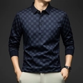 Detail of navy checkerboard jacquard fabric on a slim fit long sleeve polo shirt - S / Checkerboard Style (CXPL98) / Navy Blue