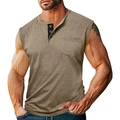 Canotta Henley da uomo color kaki con bottoni e tasca decorativa sul petto a vista - S / Cachi